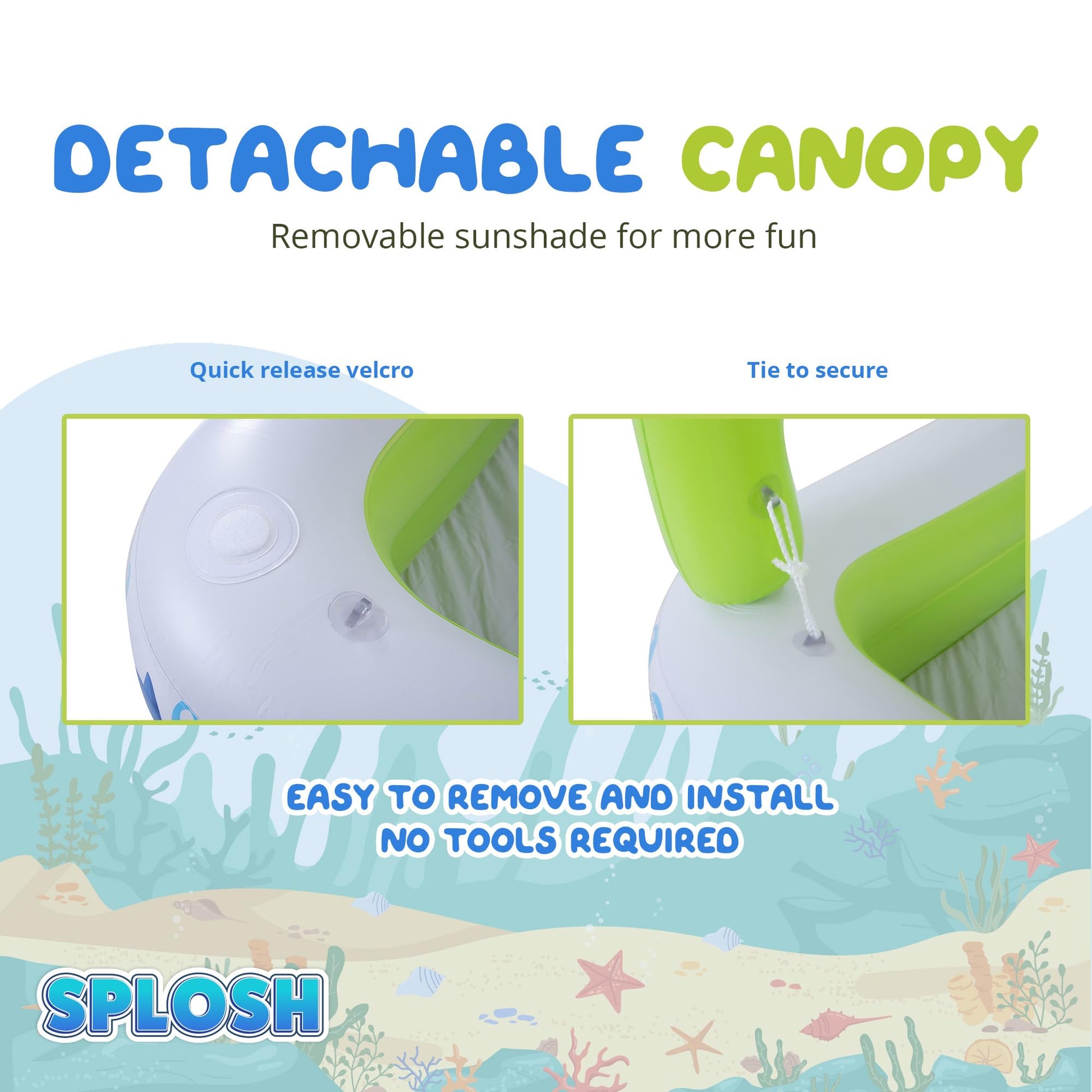 Splosh inflatable square paddling pool with sun shade for kids, measuring 1.43m x 1.43m, set up in a garden.