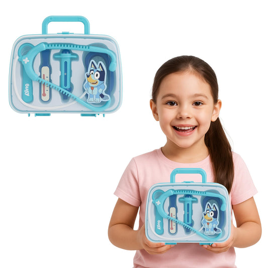 5 Pcs Bluey's Medical Case for Kids – Doctor Toy Set with Stethoscope, Thermometer, Syringe & More | Pretend Role Play Kit | Portable Light Blue Carry Case | Ages 3+