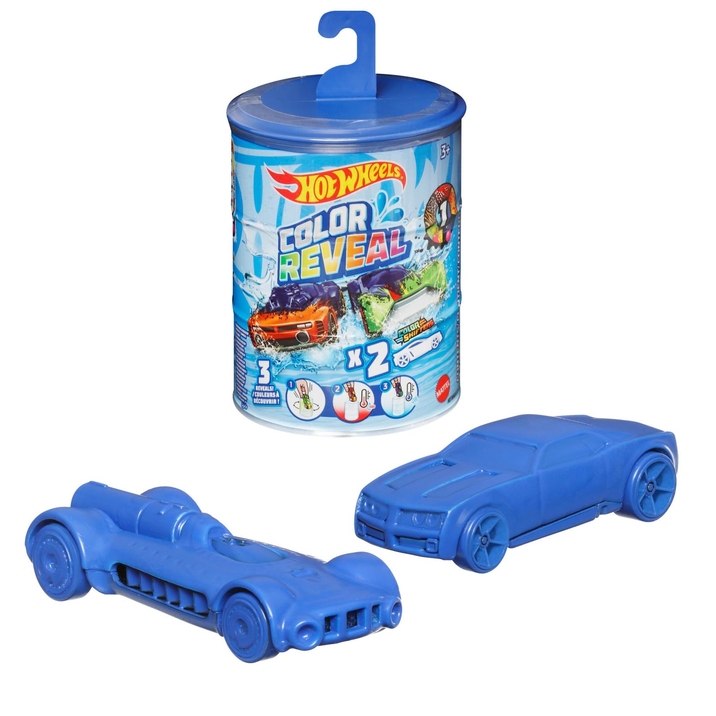 Hot Wheels 2 toy cars in assorted styles with colour reveal features, designed for kids ages 3 and up.
