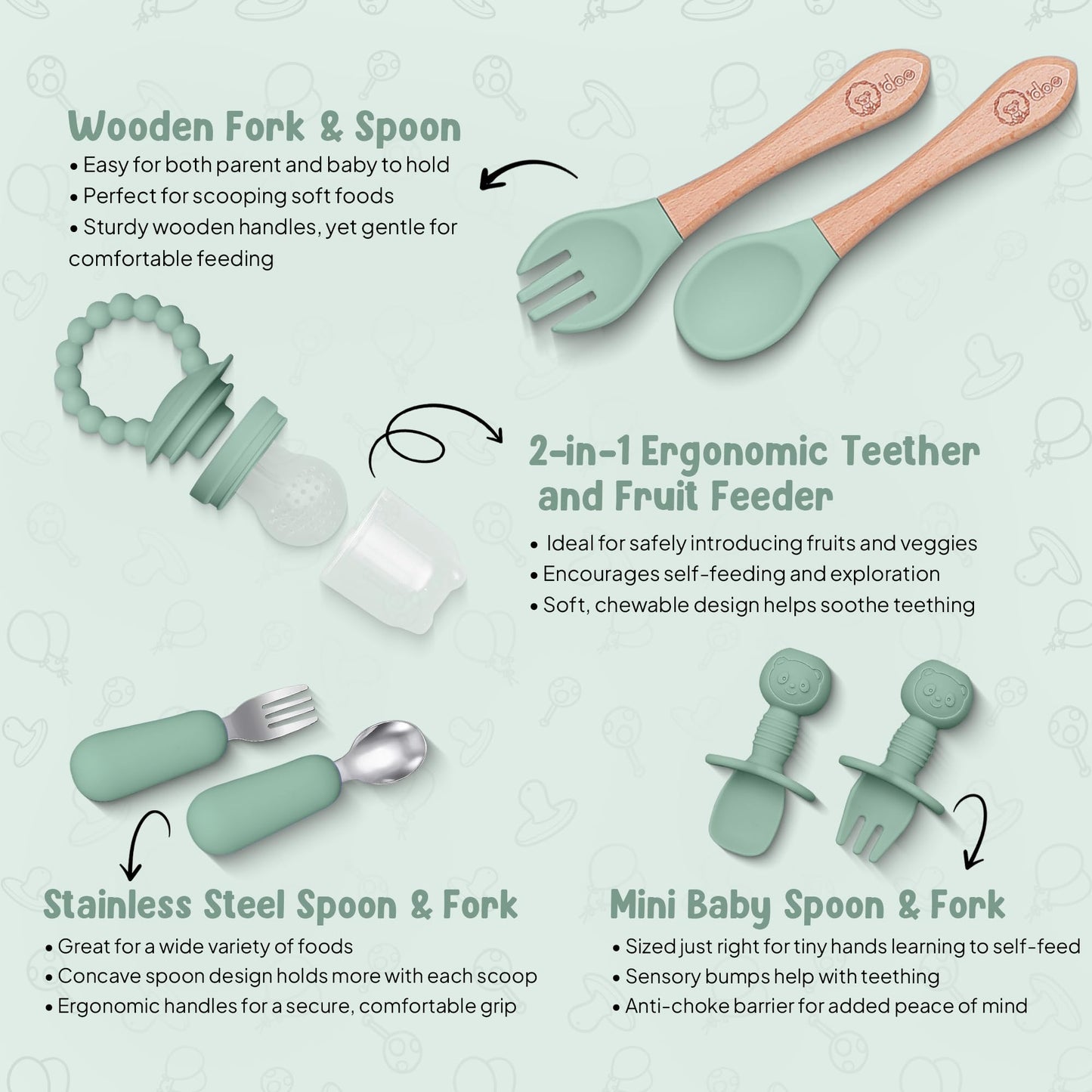 O'doe 17-Piece Baby Led Weaning Feeding Supplies for Toddlers,Baby Feeding Set | Suction Silicone Baby Bowl Self Eating Utensils with Fruit Feeder, Cup, Bibs, Food Plate Kit with Lid | Green V2