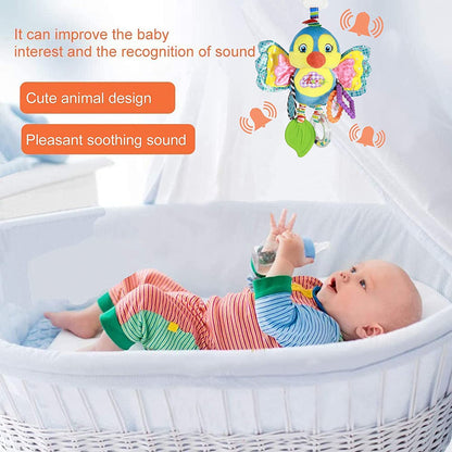Funsland plush pram toys for babies 0-6 months with hanging rattle, colorful sensory toys for car seats and strollers