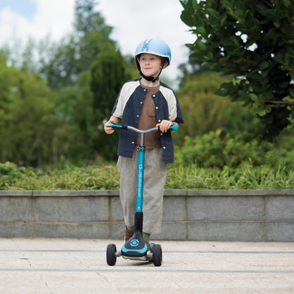 Globber Ultimum 3 wheel scooter in aqua with adjustable height, extra wide deck, and folding design for ages 5 and up.