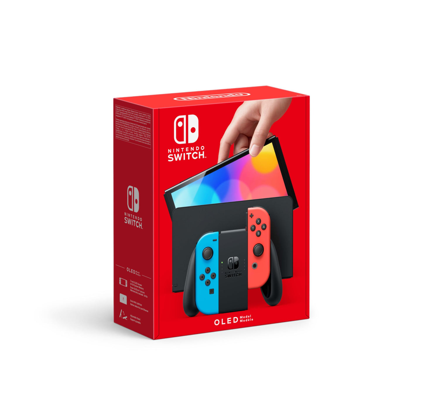 Nintendo Switch OLED model with neon blue and neon red Joy-Con controllers, featuring a sleek display and colorful design.