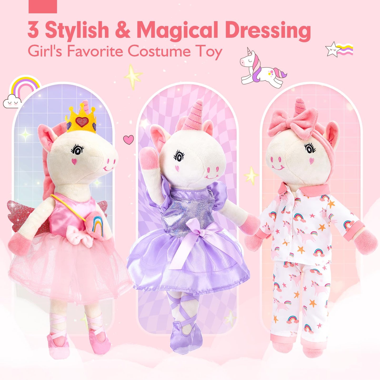 hahaland Unicorns Toys for Girls Age 3+, Ballerina Doll Plush Toys with 3 Outfits & Cloud Bag – Unicorn Stuffed Animal Soft Toys for Girls 3 4 5 6 Year Old, Ballet Dress Up Doll Gifts for Girl