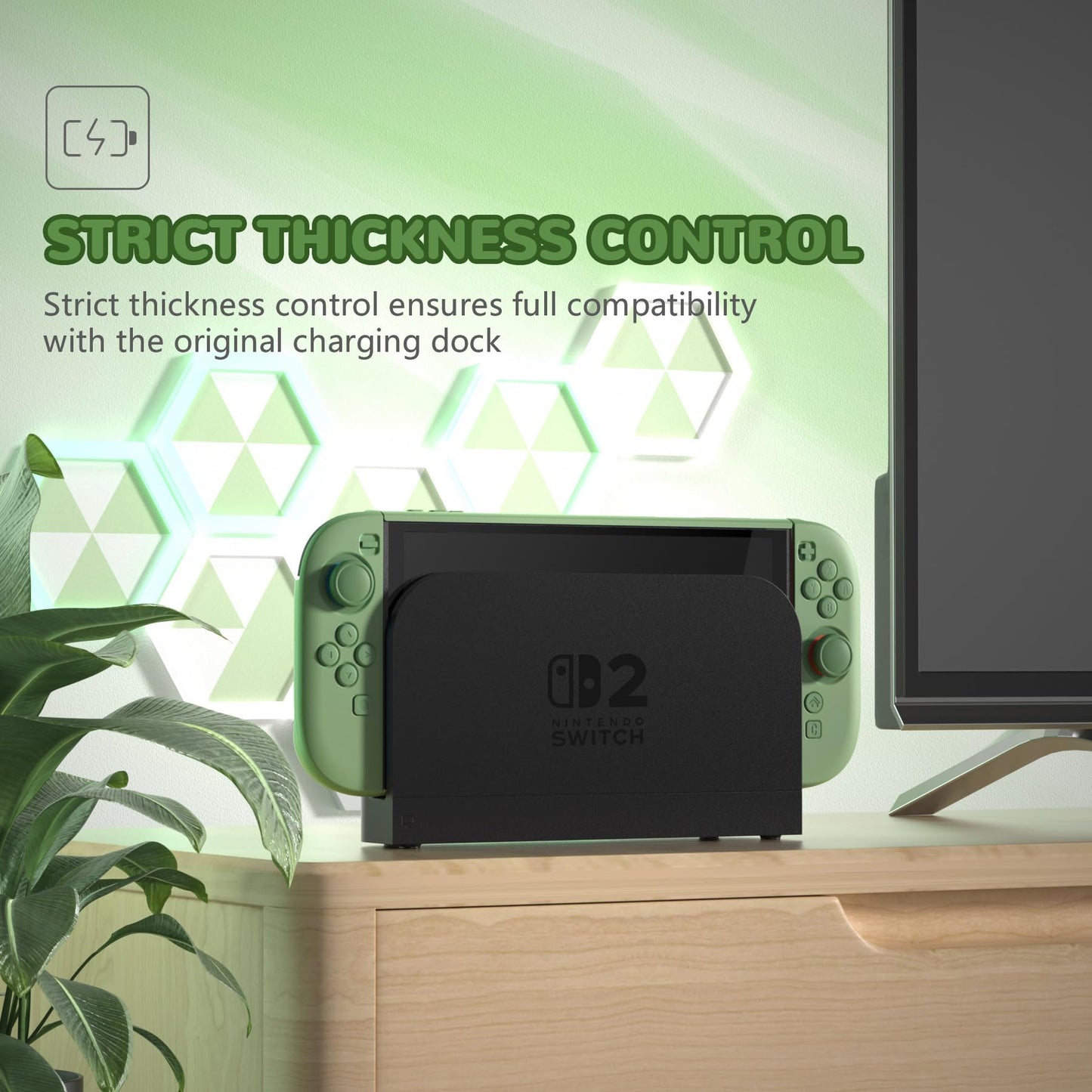 playvital solid green Nintendo Switch 2 protective case with hard shell, dockable grip, foldable stand, and thumb grips.