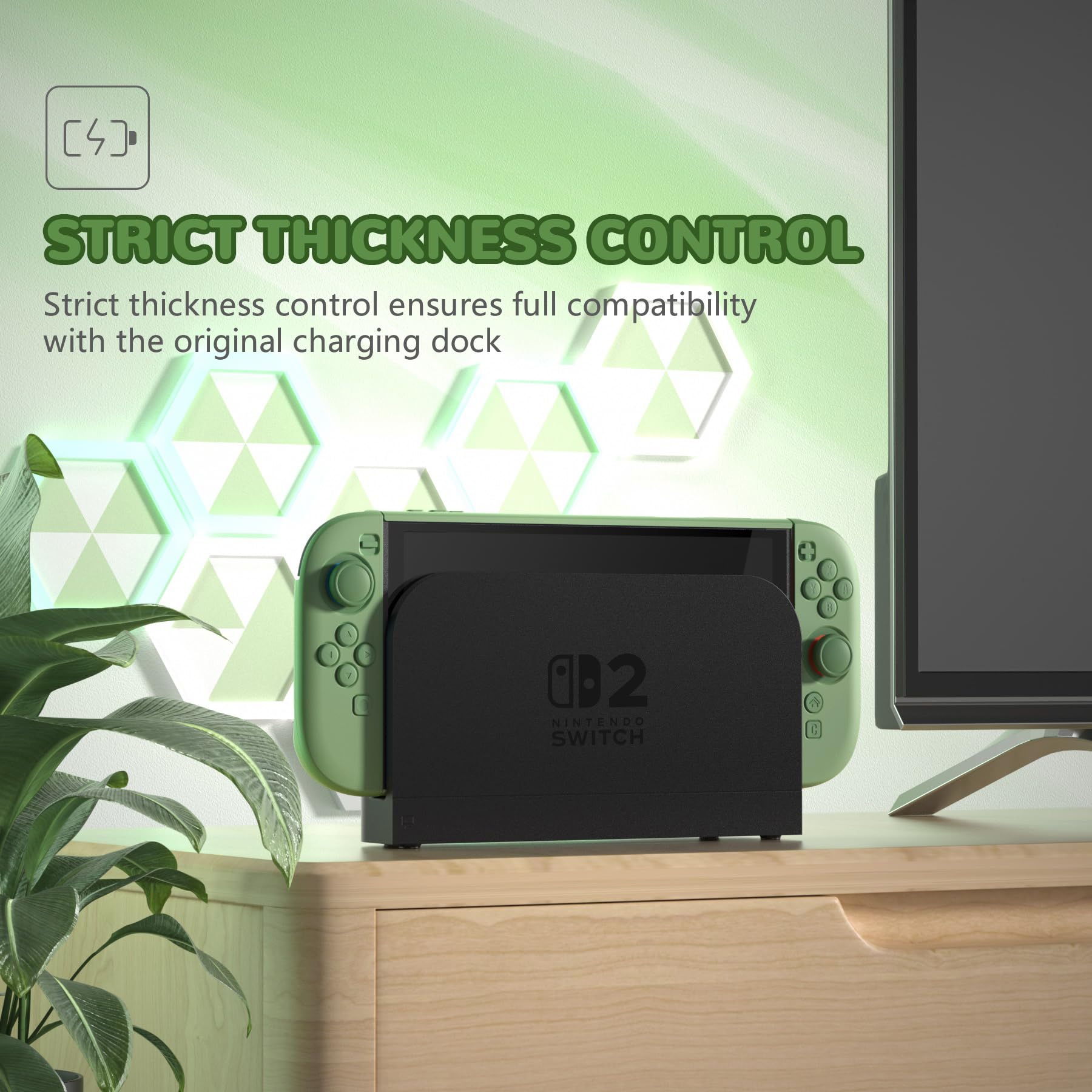 playvital solid green Nintendo Switch 2 protective case with hard shell, dockable grip, foldable stand, and thumb grips.