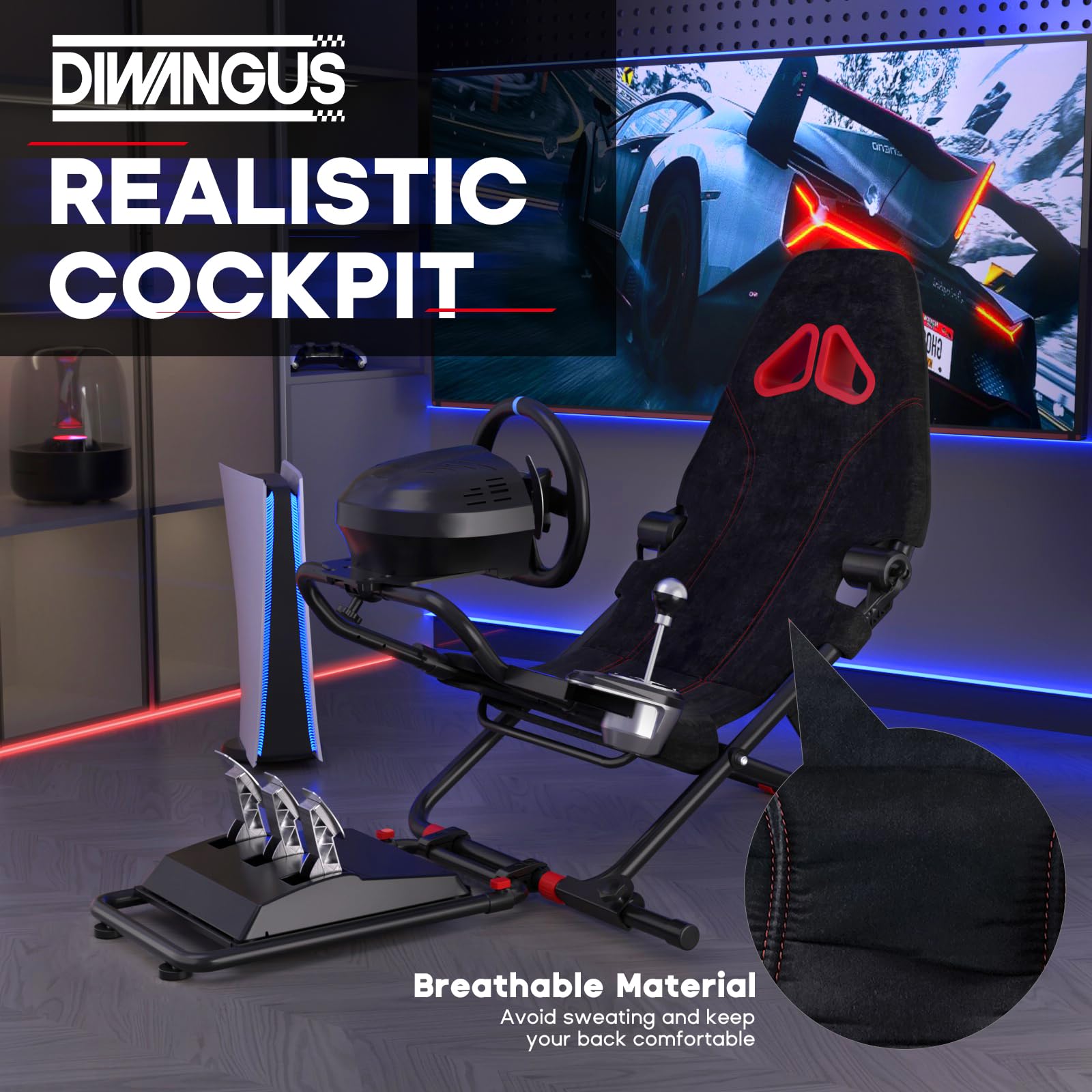 DIWANGUS racing simulator cockpit with foldable racing seat, steering wheel stand for Logitech G29 G920 G923, Thrustmaster T248X.