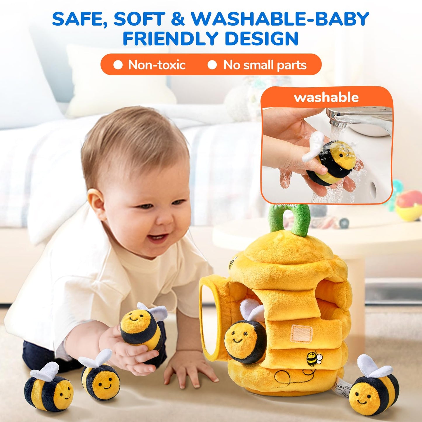 JoyCat Baby Toys 6-12 Months - Soft Baby Beehive with 5 Sensory Bees - Rattle, Crinkle Paper, Squeaker, Mirror, Busy Montessori Sensory Toys for Toddlers 0-3 Years Old - Gifts for Babies