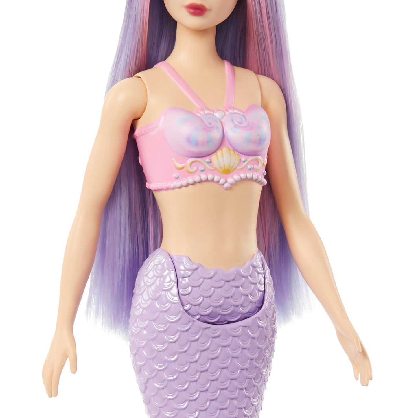 Barbie mermaid doll featuring pink and lilac hair, shell bodice, and lavender tail with a matching headband accessory.
