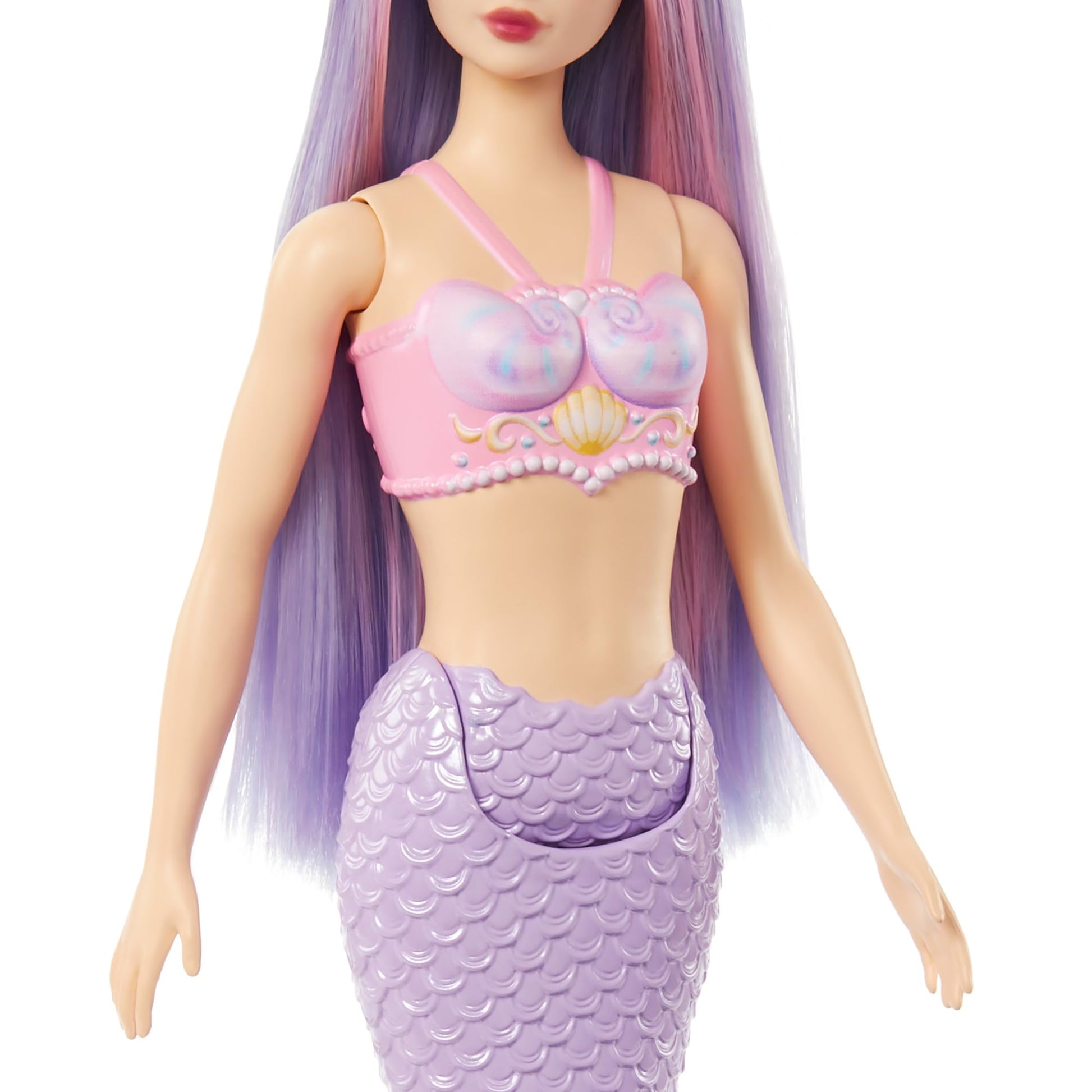 Barbie mermaid doll featuring pink and lilac hair, shell bodice, and lavender tail with a matching headband accessory.