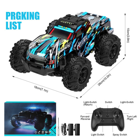 BAZADER RC truck with LED lights, 1:18 scale, all-terrain off-road remote control car, high-speed racing toy for kids and adults