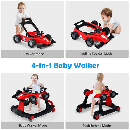 Maxmass Baby Walker, 4 in 1 Infant Sit-to-Stand Walker with Adjustable Height & Speed, Steering Wheels, Detachable Seat Cushion, Foldable Toddler Activity Walkers for Boy Girl 6-18 Months (Red)