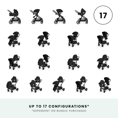 Ickle Bubba Virgo Growing Family 11 Piece Pram – Single to Double Tandem Pushchair with Carrycot, Footmuffs, Rain Covers & Accessories, Suitable from Birth (Black)