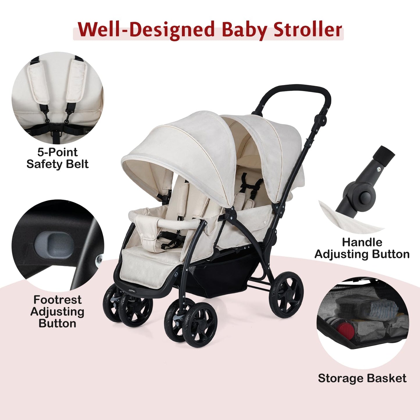 GYMAX Double Seat Stroller with Adjustable Push Handle, Detachable Canopy and Foot Rest, Foldable Baby Pushchair Buggy for Traveling, Going Shopping & Hanging Out (Beige)