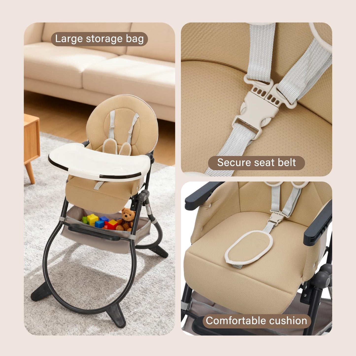 Highchair, Foldable Baby High Chair, Baby Feeding Chair with Adjustable Dinner Table & Storage Bag, Function Combination for Babies Toddlers
