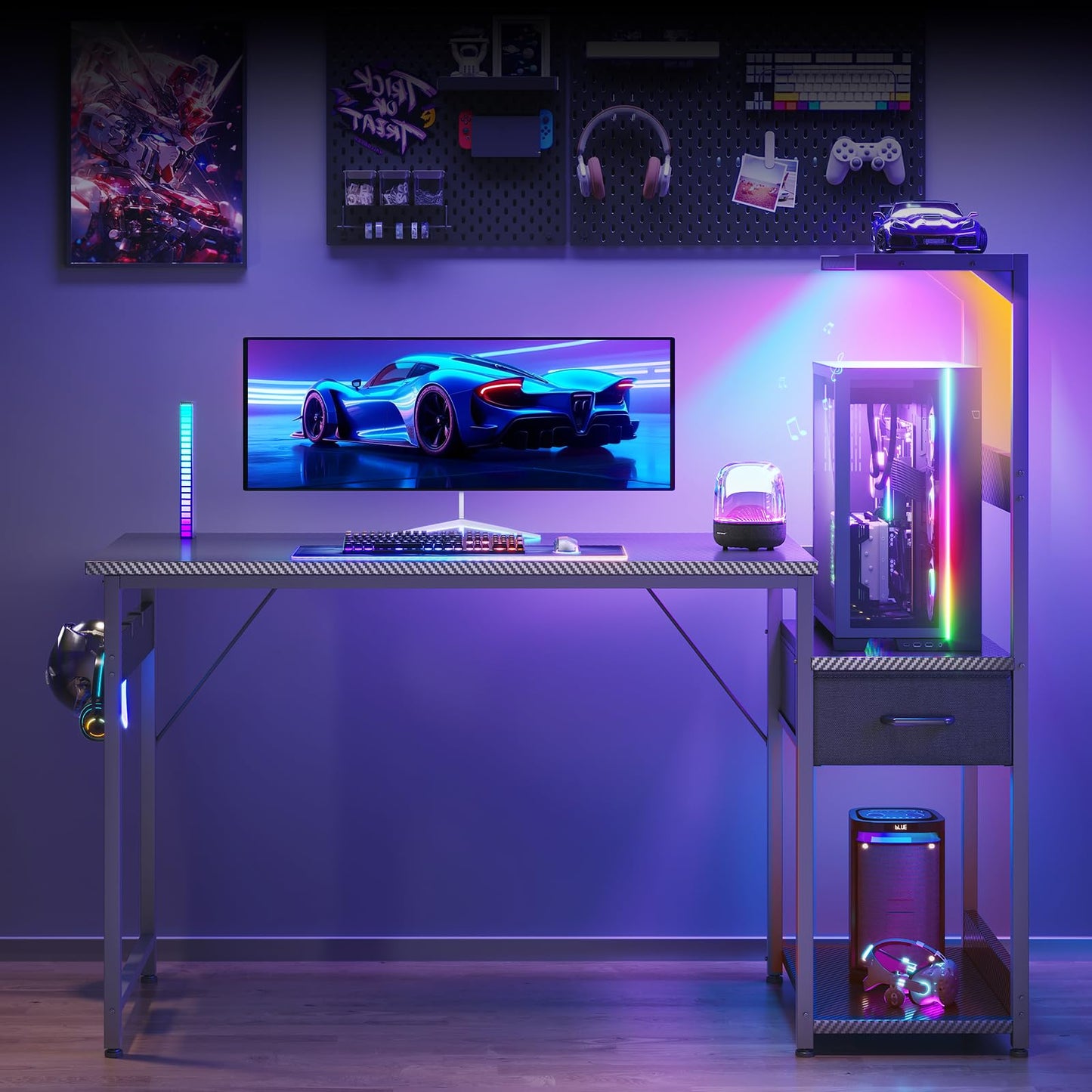 Coleshome gaming desk with LED lights, black carbon fiber finish, drawers, display shelves, headphone hook, reversible design, 120×48 cm