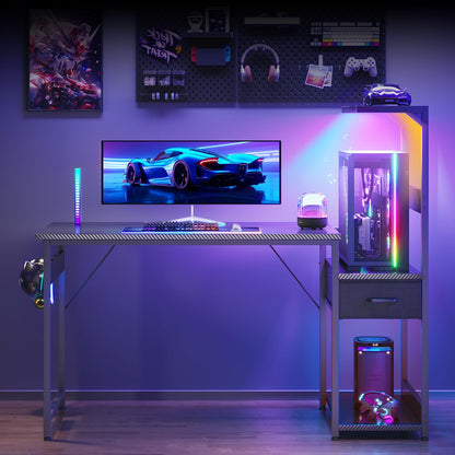 Coleshome gaming desk with LED lights, black carbon fiber finish, drawers, display shelves, headphone hook, reversible design, 120×48 cm