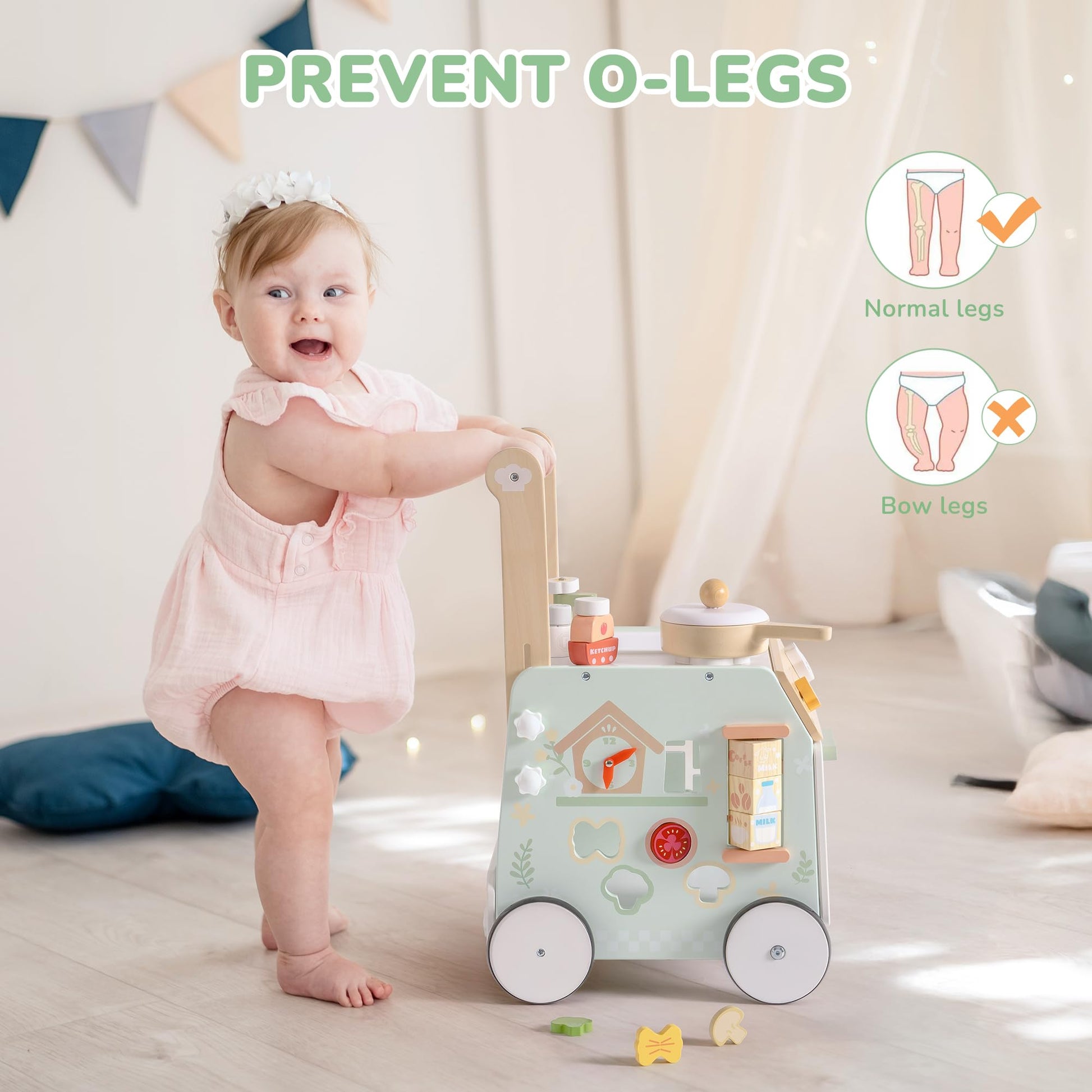Robud wooden baby walker with adjustable height and speed, sensory play features, storage basket, and natural wood finish for toddlers