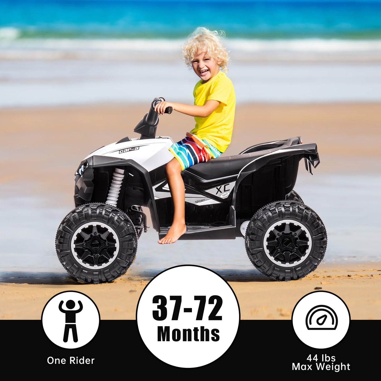 Aptliton kids' white 12V electric quad bike ride-on ATV with remote control, LED lights, music, horn, and two-speed options.