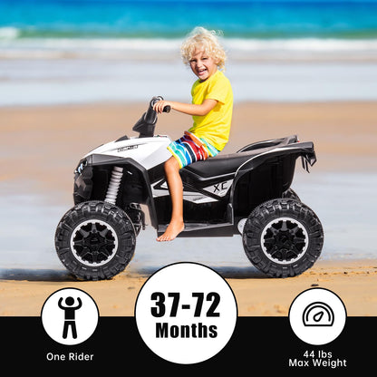Aptliton kids' white 12V electric quad bike ride-on ATV with remote control, LED lights, music, horn, and two-speed options.