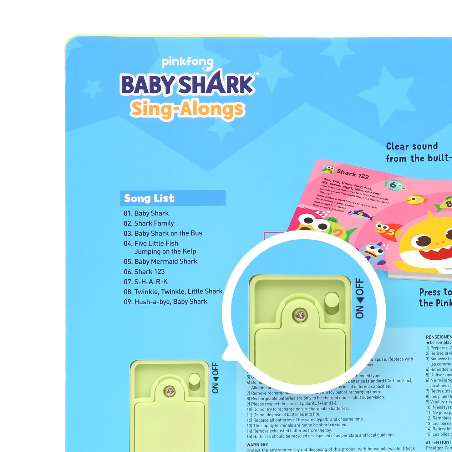 Pinkfong Baby Shark sing-alongs sound book with 10 buttons, featuring colorful nursery rhyme illustrations for toddlers and kids.