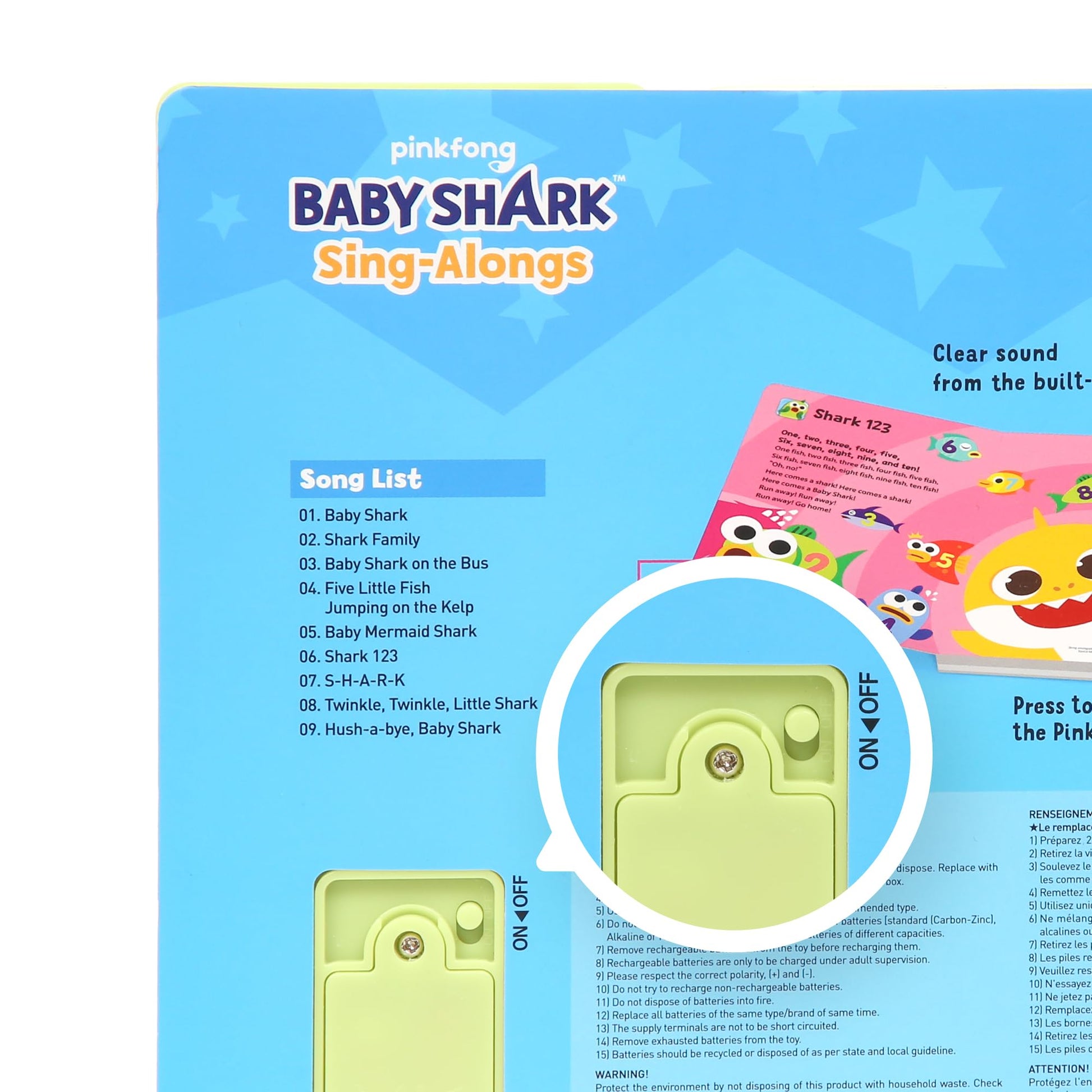Pinkfong Baby Shark sing-alongs sound book with 10 buttons, featuring colorful nursery rhyme illustrations for toddlers and kids.