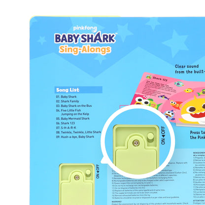 Pinkfong Baby Shark sing-alongs sound book with 10 buttons, featuring colorful nursery rhyme illustrations for toddlers and kids.
