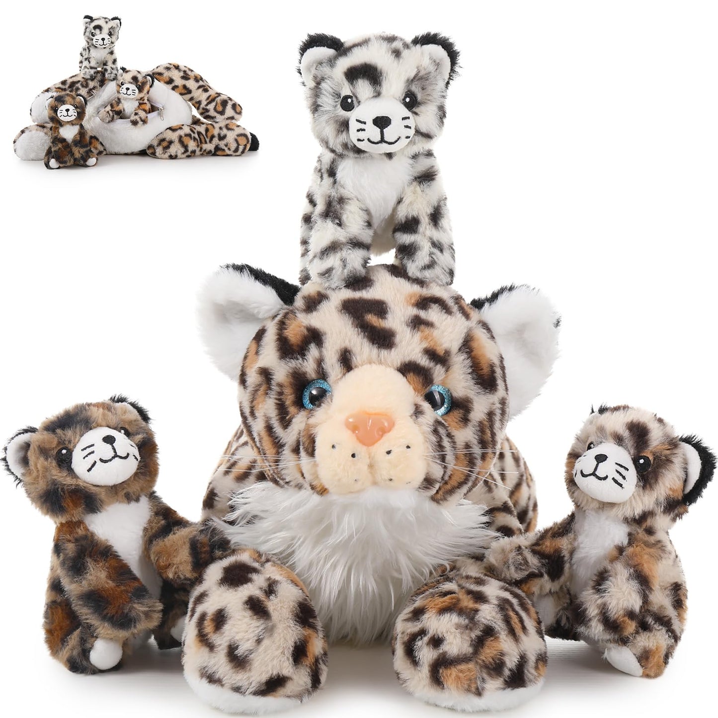MorisMos Snow Leopard Soft Toy with Babies inside, Lifelike Leopard Teddy Stuffed Animal Plush Toy Cuddly, Kawaii Presents for Kids Girls Boys Children Christmas Birthday Party Decorations (45cm)
