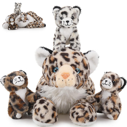 MorisMos Snow Leopard Soft Toy with Babies inside, Lifelike Leopard Teddy Stuffed Animal Plush Toy Cuddly, Kawaii Presents for Kids Girls Boys Children Christmas Birthday Party Decorations (45cm)