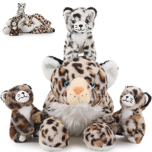 MorisMos Snow Leopard Soft Toy with Babies inside, Lifelike Leopard Teddy Stuffed Animal Plush Toy Cuddly, Kawaii Presents for Kids Girls Boys Children Christmas Birthday Party Decorations (45cm)
