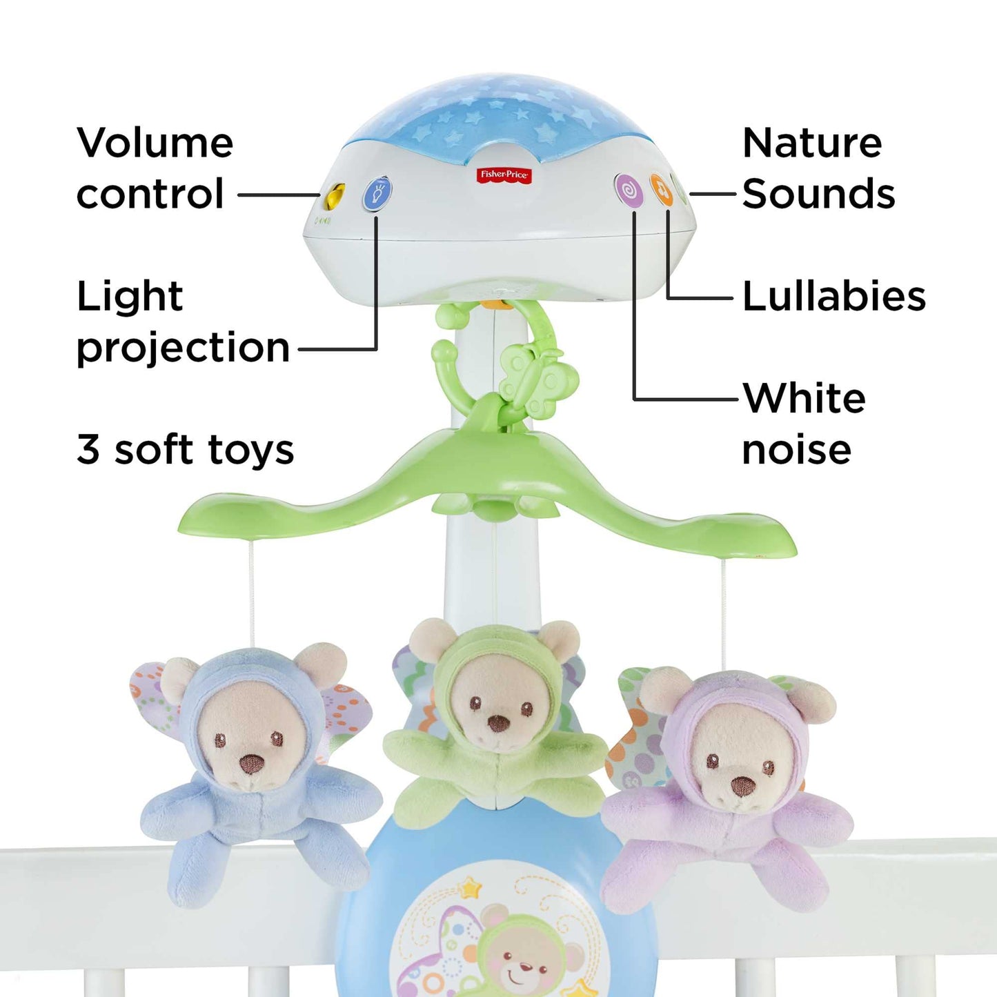 Fisher-Price Butterfly Dreams 3-in-1 Projection Mobile - Soothing Baby Sleep Aid with 3 Audio Modes and Plush Bears, Musical Cot Mobile, Tabletop Projector and Stroller Toy, Newborn Baby Toys, CDN41