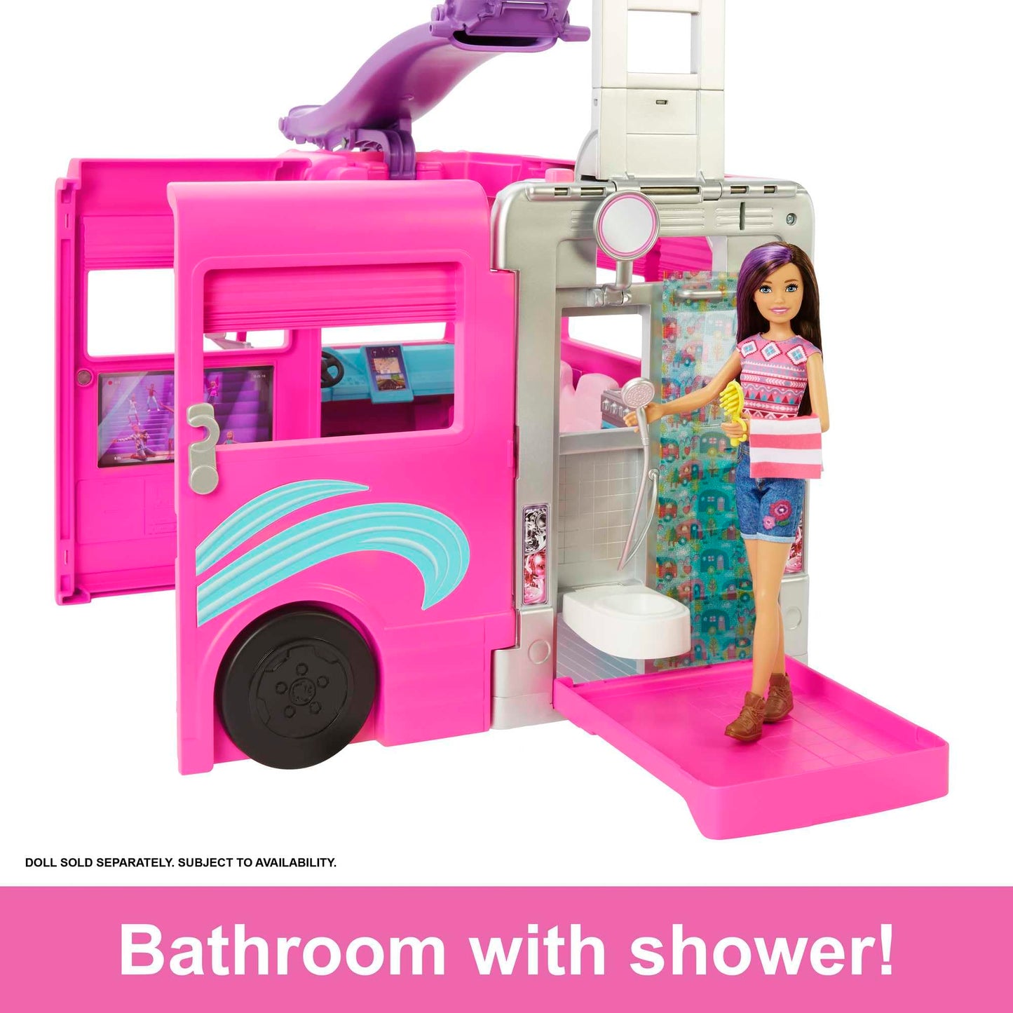 Barbie Dream Camper in pink with seven play areas, two puppies, pool, and slide, designed for imaginative play.