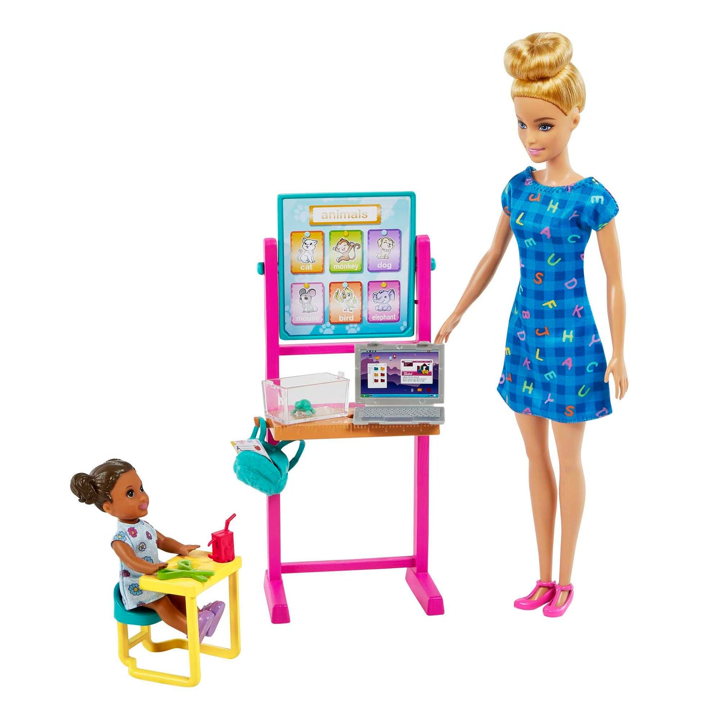 Barbie Teacher Doll with blonde hair, brunette toddler doll, flip board, laptop, backpack, toddler desk, and pet turtle.