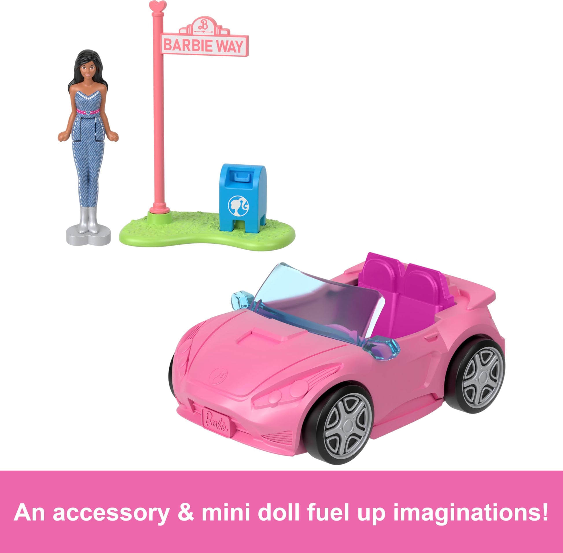 Mini BarbieLand doll and convertible car set with color-change feature, includes street sign accessory, by Barbie.