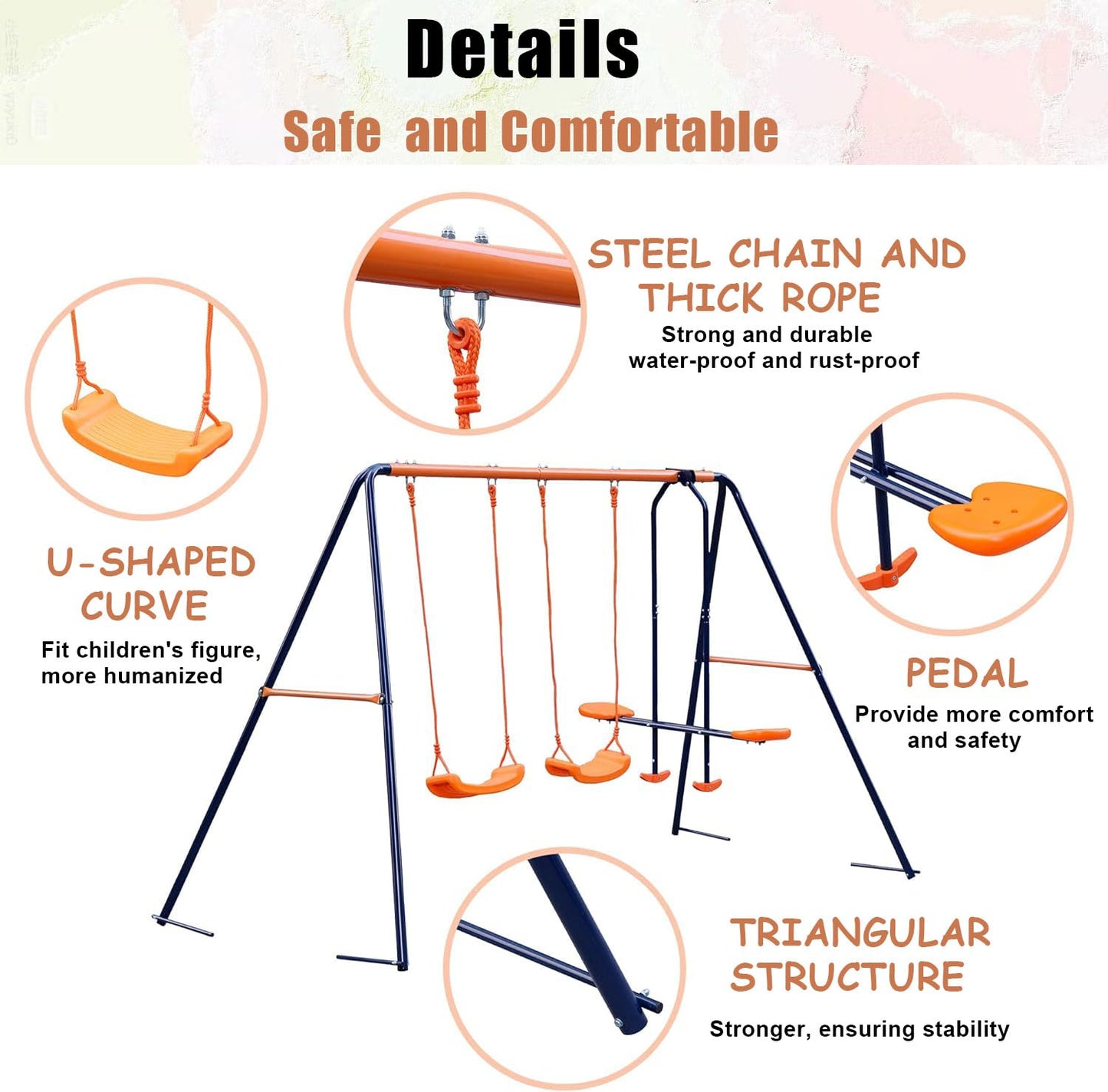 Metal Kids Garden Swing Set for Toddler, Heavy-Duty A-Frame with Double Swings and Glider,Adjustable Hanging Rope,Children Outdoor Backyard swing Set for 3+ Years Old, 200Kg