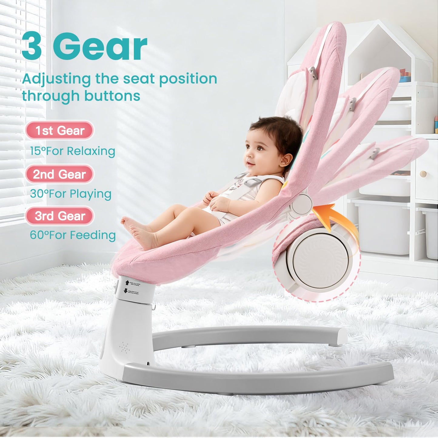 Pink Cozydwells baby bouncer with electric swing, Bluetooth, remote control, adjustable angles, detachable tray, canopy, and mosquito net.