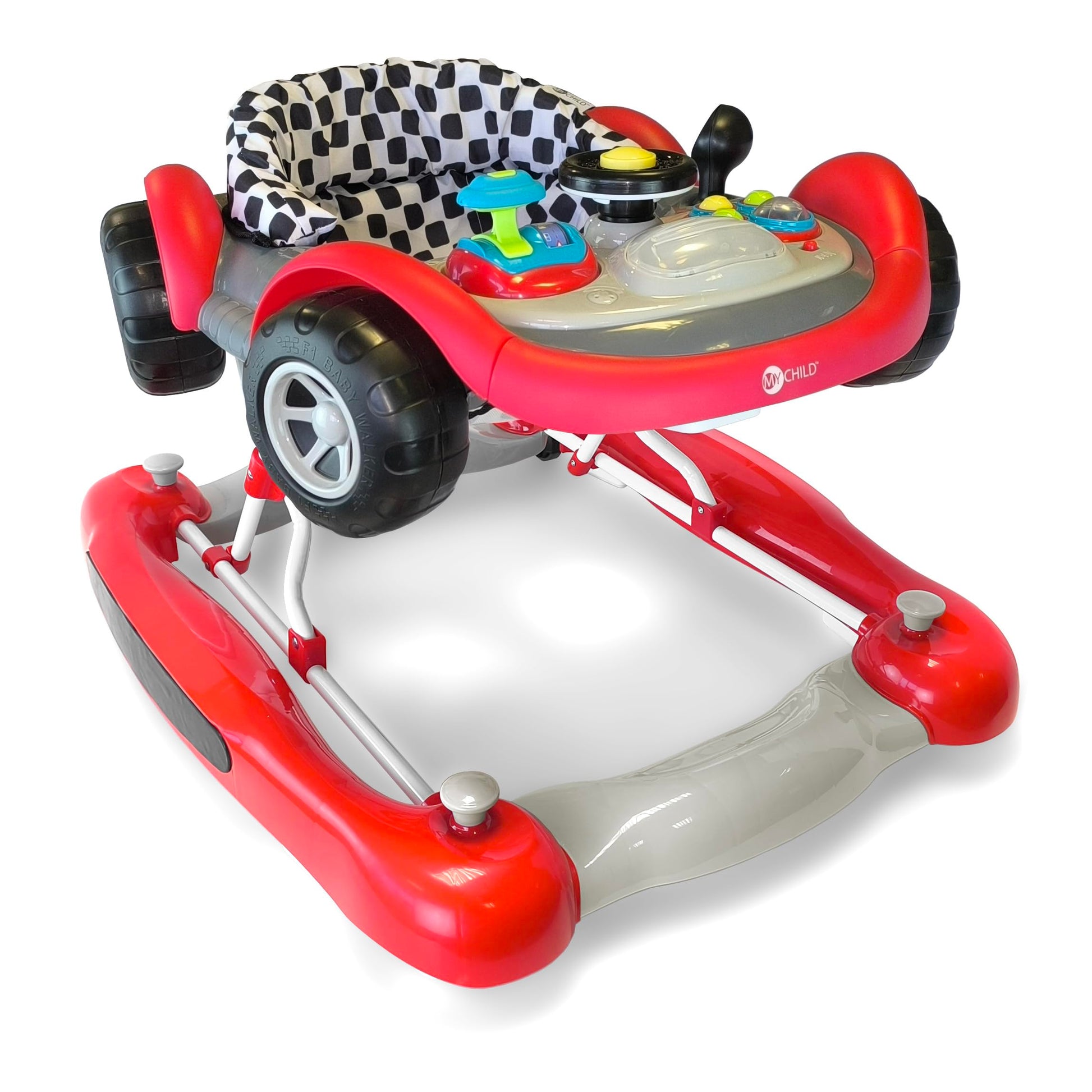 MyChild red coupe baby walker with activity center, foldable frame, anti-fall blocks, and three adjustable height settings.