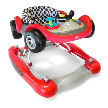 MyChild red coupe baby walker with activity center, foldable frame, anti-fall blocks, and three adjustable height settings.