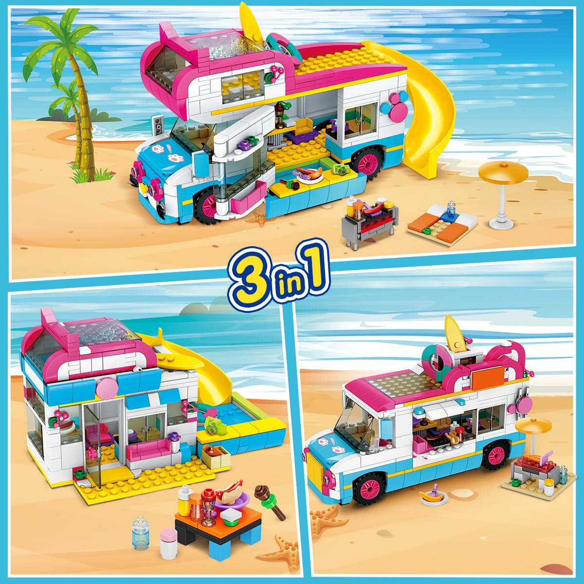 CUBIMANA 3-in-1 cat-themed building set with camper van, ice cream truck, city bus, slide, and stickers for kids ages 6-12.