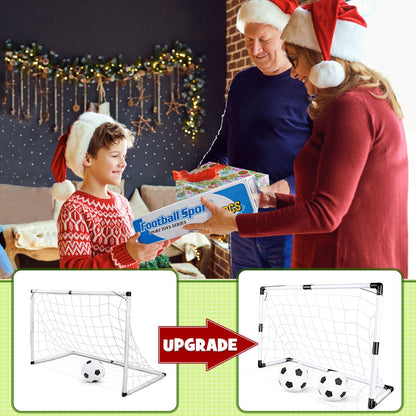 Dreamon set of 2 kids football goal post nets with soccer balls and pump, ideal for indoor and outdoor soccer training and play.