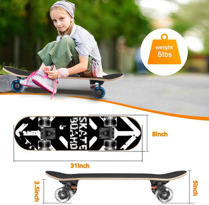 GIEEU Skateboards with Colorful Flashing Wheels for Beginners,Kids,Teens,Adults,31 x 8 Inch Complete Standard Skate Boards 9 Layer Canadian Maple Deck Concave Skateboard (Black White Skateboard-UK)