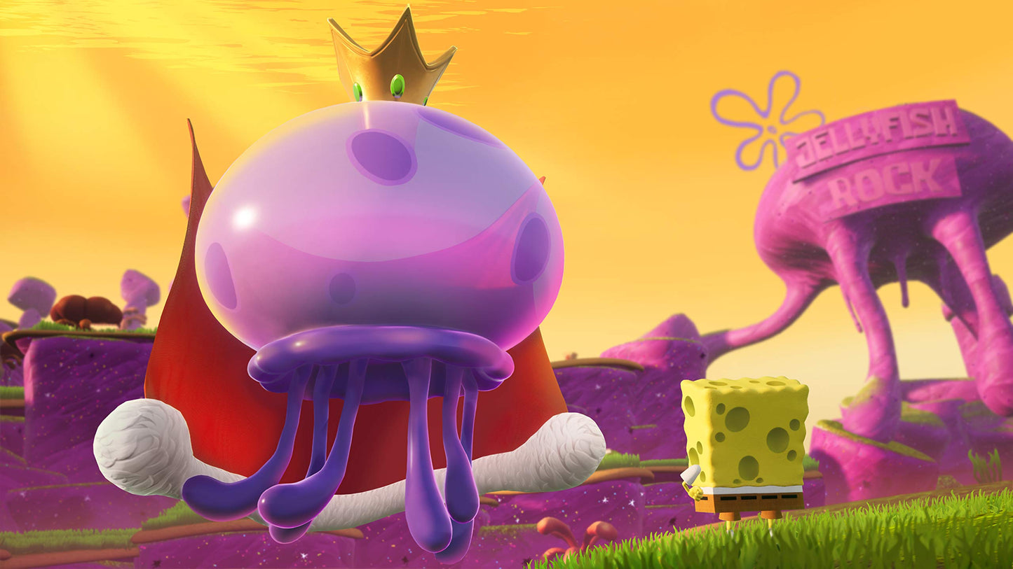 Nintendo Switch game case for SpongeBob SquarePants: Battle For Bikini Bottom - Rehydrated by THQ Nordic, featuring SpongeBob and friends.
