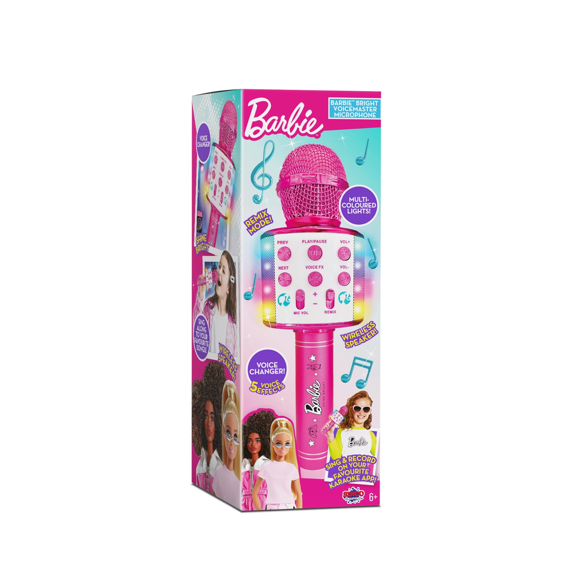 Barbie Bright Voicemaster wireless microphone with multi-colored lights, 5 voice effects, and built-in speaker for karaoke fun.