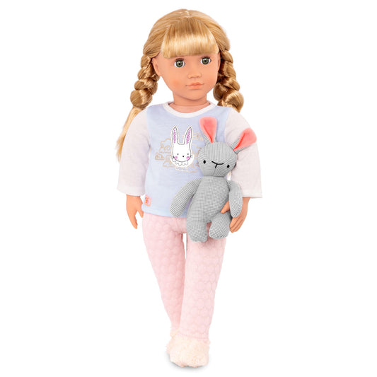 46 cm Our Generation sleepover doll in pajamas with a soft toy rabbit, ideal for kids ages 3-8 at cozy sleepover fun.