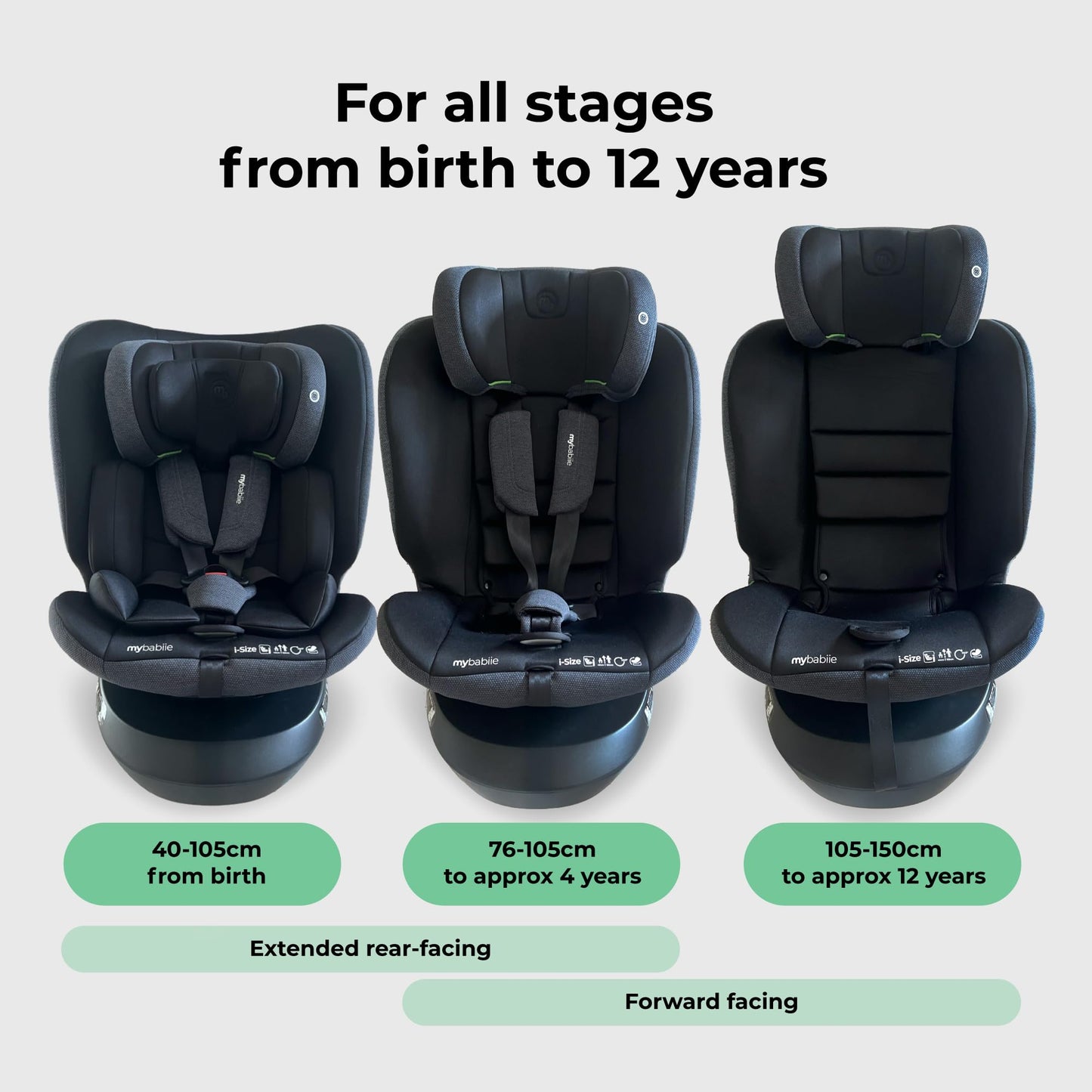 My Babiie MBCS200 360° Spin R129 Baby Car Seat – Top Tether, ISOFIX, Birth to 12yrs (40-150cm), i-Size, ERF, Group 0+/1/2/3, Rotating 360 Swivel - Black