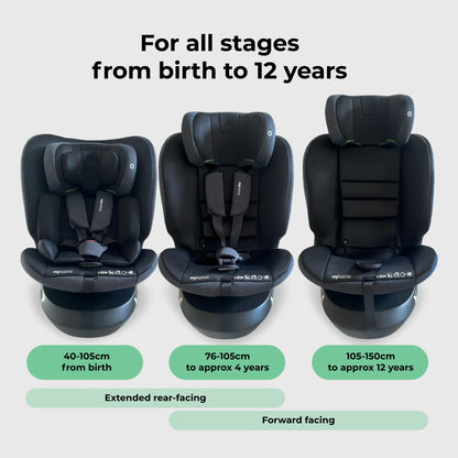My Babiie MBCS200 360° Spin R129 Baby Car Seat – Top Tether, ISOFIX, Birth to 12yrs (40-150cm), i-Size, ERF, Group 0+/1/2/3, Rotating 360 Swivel - Black