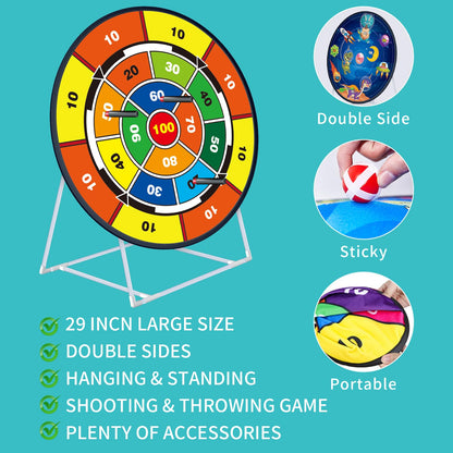 NAFONRU double-sided dart board garden game for kids, 29-inch standing and hanging dartboard with toy guns, indoor or outdoor fun.