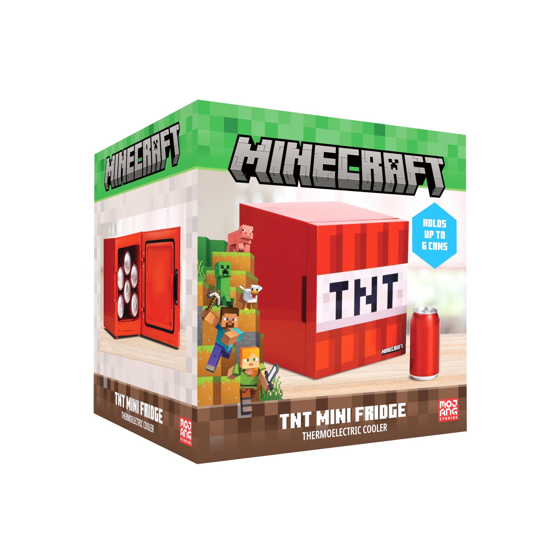 Menkind UKONiC Minecraft TNT Block mini fridge with AC/DC power, featuring a colorful TNT design and 6 can capacity.
