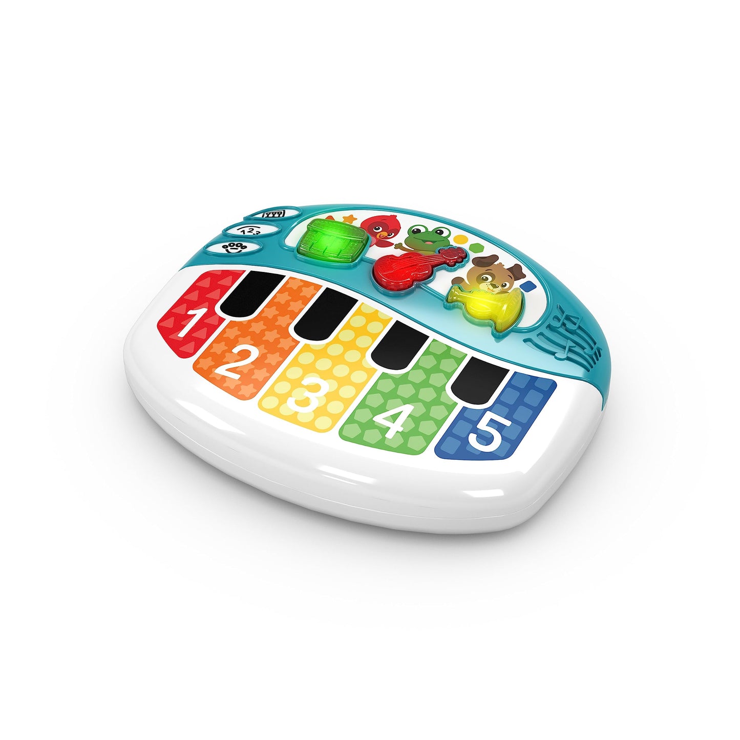 Baby Einstein Discover & Play Piano musical toy for babies, featuring instrument, number, and animal buttons in multiple languages.