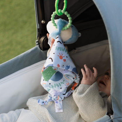 Nuby Linkables multicolour car seat toy and stroller accessory pack showing various sensory toys for babies and toddlers.